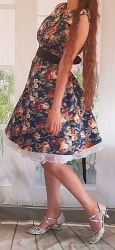 modré květinové retro krátké  rockabilly šaty s růžemi 50´s 60 ´s 