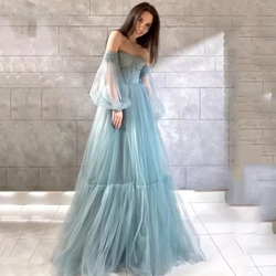 Dust luxusní modré plesové šaty s rukávy 