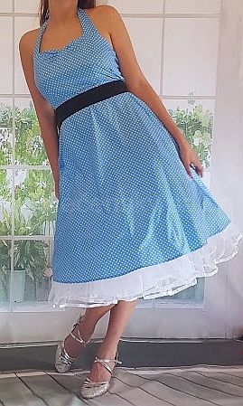 krátké společenské retro puntíkované bílé rockabilly šaty modré 50´s 60´s 