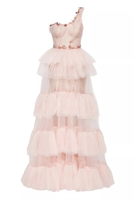Dust luxusní růžové  plesové šaty jedno rameno